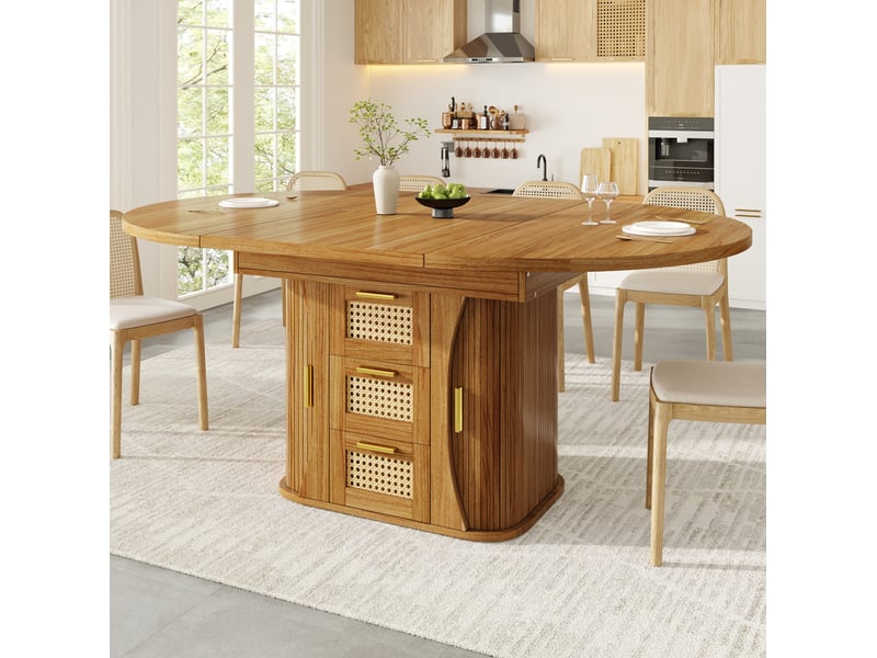Table à manger extensible 118-158x118x77cm, tiroirs en osier et espace de rangement, aggloméré couleur chêne, cuisine et salon - Conforama E
