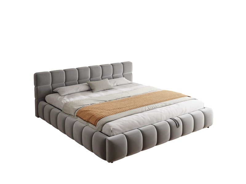  Lit double 180 x 200 cm, bandeau lumineux, têtecôtés volumineux, hydraulique, velours gris  - Conforama A