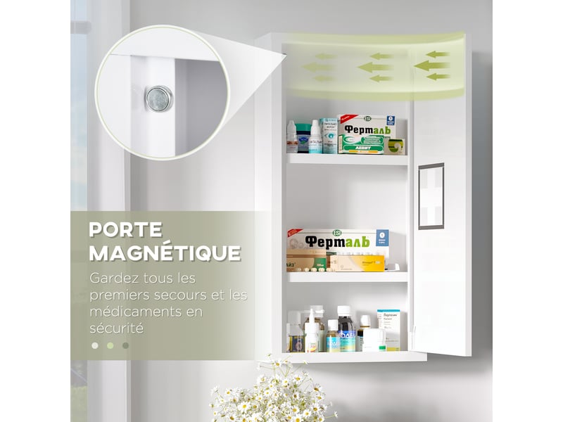  Armoire à pharmacie murale 2 étagères 3 niveaux avec porte aimantée métal blanc 30 x 12 x 60 cm  - Conforama R