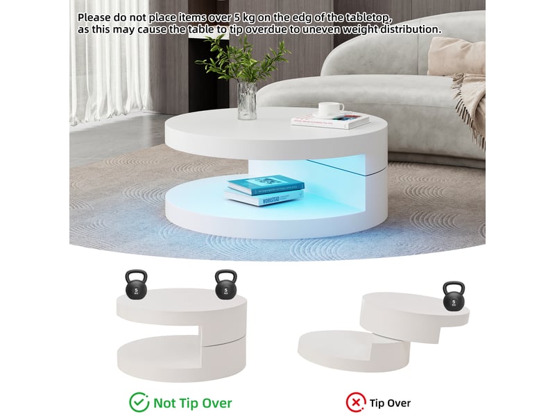 Table basse, pivotante à 360°, avec éclairage led, 70 x 70 x h 35,5 cm, blanc, structure en mdf, forme cylindrique, double niveau, pour votre salon Luxe haut de gamme - Conforama E