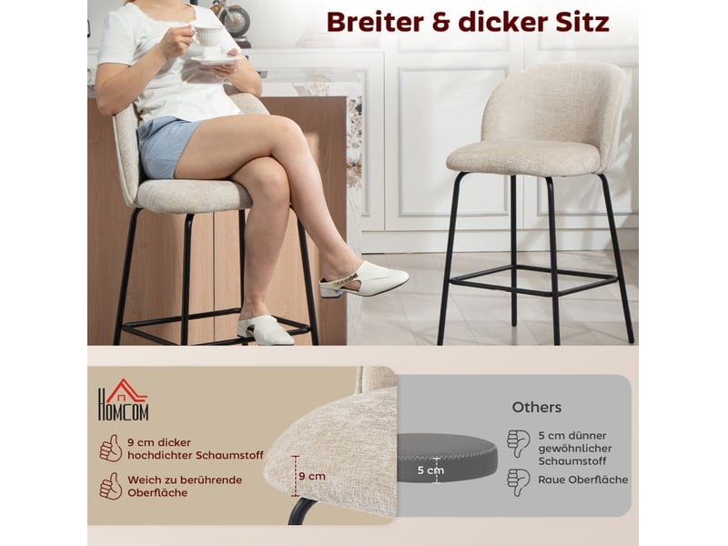Tabouret de bar lot de 2 avec dossier ergonomique et repose-pieds, pieds en acier, tissu polyester beige - Conforama D
