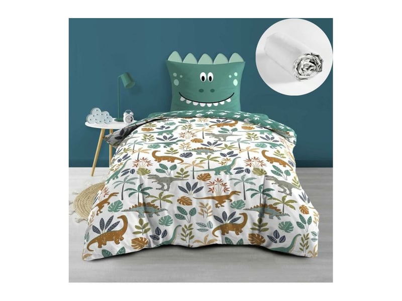  Pack housse de couette enfant réversible dina 140x200 cm + drap housse 90x190 cm blanc  - Conforama A
