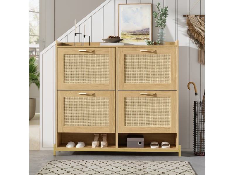  Meuble à chaussures 16 paires l108.5xp24xh100cm | 4 portes cannage rotin et métal | plateau rebord gain de place - chêne clair DreamMespace - Conforama B