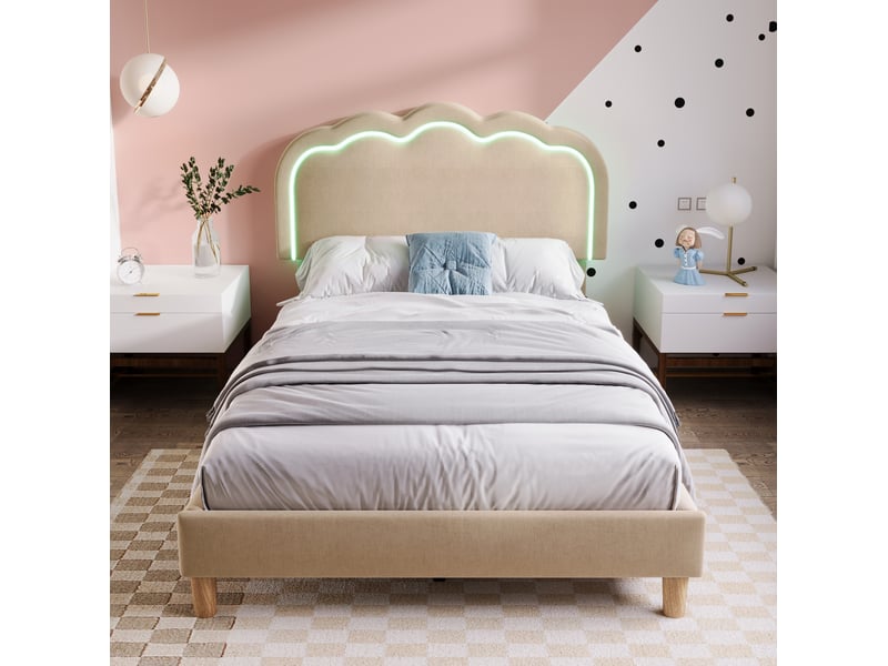  Modenvie lit simple capitonné 90x200 cm - avec led, tête de lit réglable, sans matelas - beige  - Conforama E