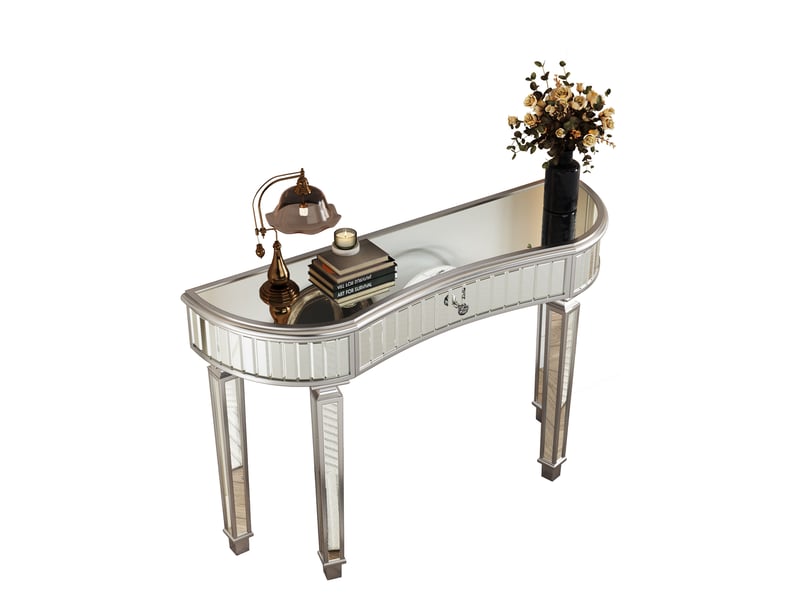  Console demi-lune miroir 120 cm gris argenté, verre cannelé, tiroir bouton cristal  - Conforama D