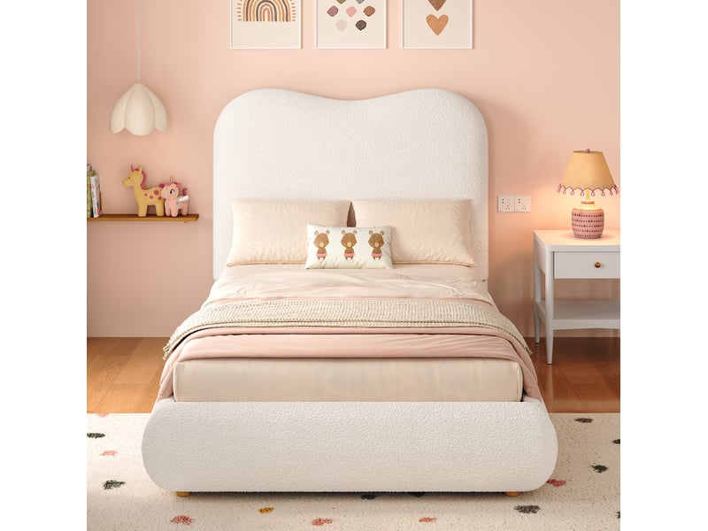 Lit enfant coffre 90x200cm avec relevage moderne, sommier à lattes, tête rembourrée, tissu bouclé beige sans matelas  - Conforama W