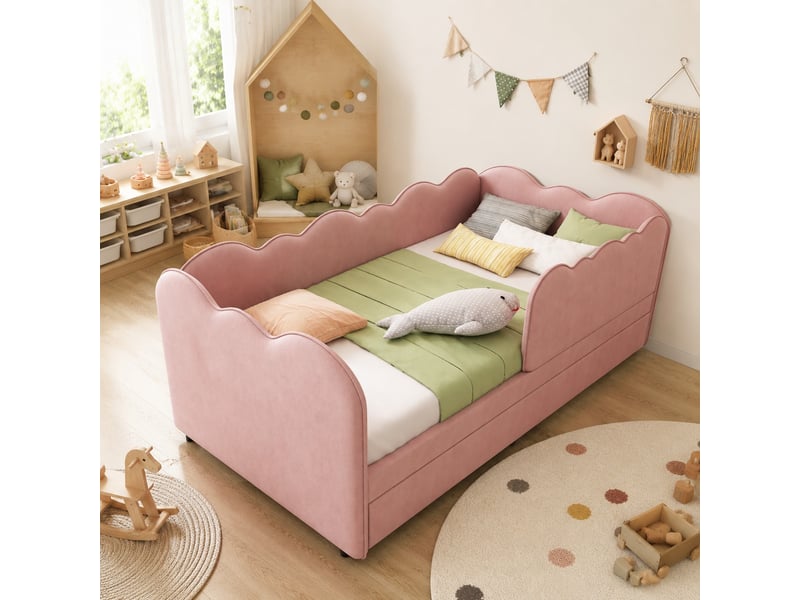  Lit banquette avec lit gigogne et sommier à lattes, dossier rembourré, barrière amovible, velours rose  - Conforama B