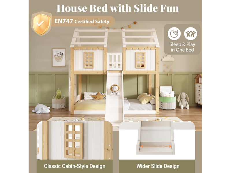  Lit superposé enfant 90x200 cm maison avec toboggan coloris blanc et bois  - Conforama E