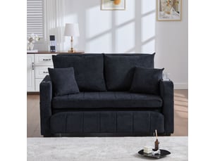 Canapé-lit 2 places convertible en tissu chenille, 4 coussins inclus, poches latérales, porte-gobelets, assise en mousse haute densité, noir