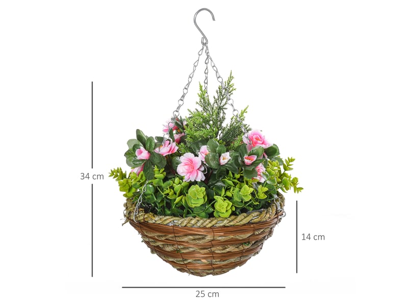  Lot de 2 lisianthus artificiels avec pot et crochet, plantes artificielles en pe et osier, ø 25 x 34 cm, vert et rose  - Conforama E