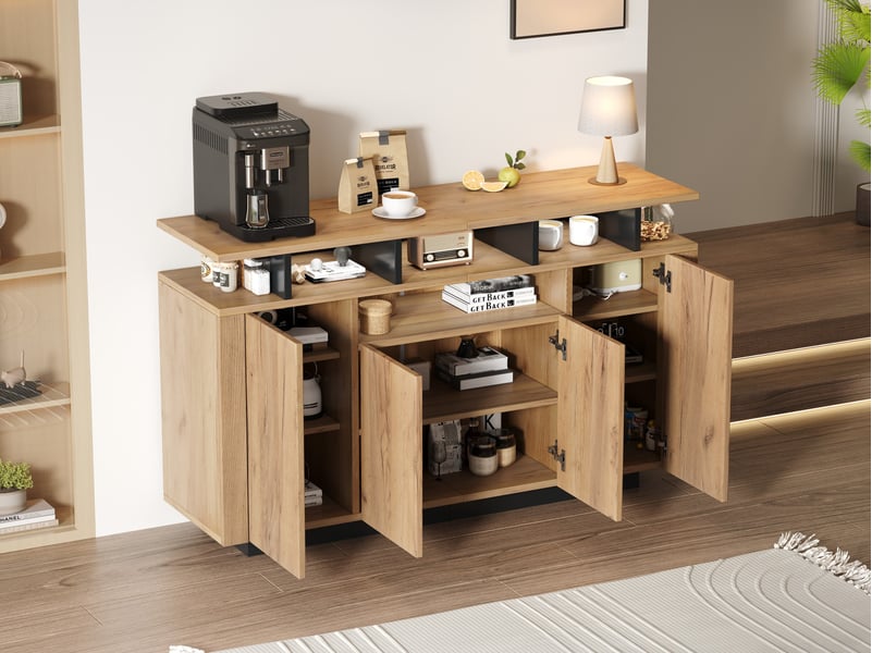  Buffet 4 portes avec 3 compartiments ouverts, naturel, 140 x 40 x 85 cm  - Conforama D