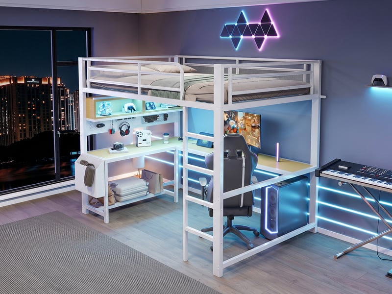 Lit mezzanine gaming 140x200 cm, bureau, plateau clavier, led, 2 prises et 2 ports usb, structure métal et mdf, blanc - Conforama B
