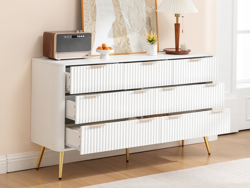  Commode à 7 tiroirs, 145 x 40 x 80 cm, glissières à fermeture douce, poignées métal et pieds hauts, blanc  - Conforama B