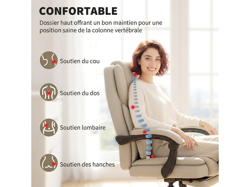  Chaise bureau ergonomique, fauteuil de bureau avec dossier inclinable, hauteur réglable, 65x67x111-119cm, beige  - Conforama E