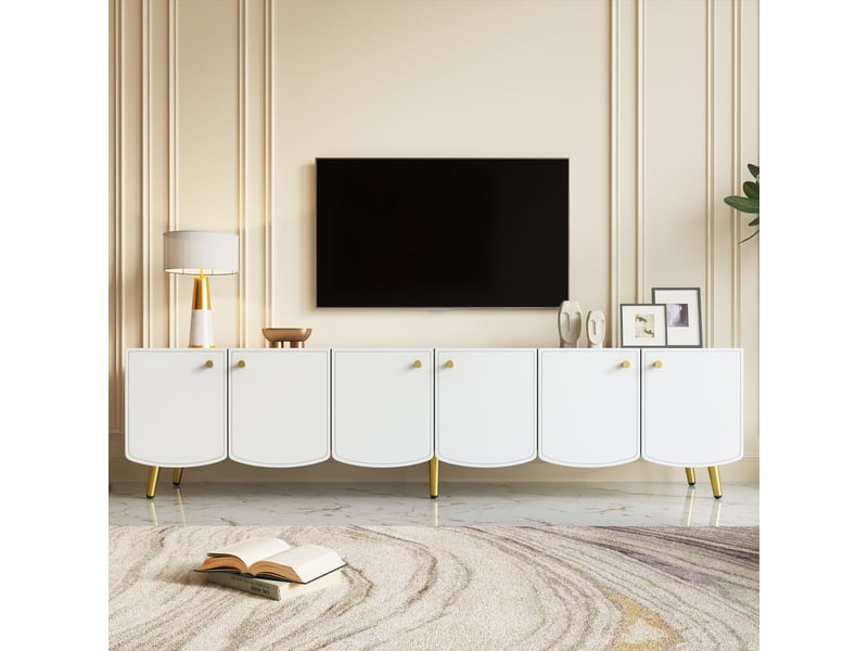  Meuble tv 180 cm avec rangement, 6 portes, design blanc avec pieds et poignées dorés, meuble bas moderne pour salon  - Conforama D