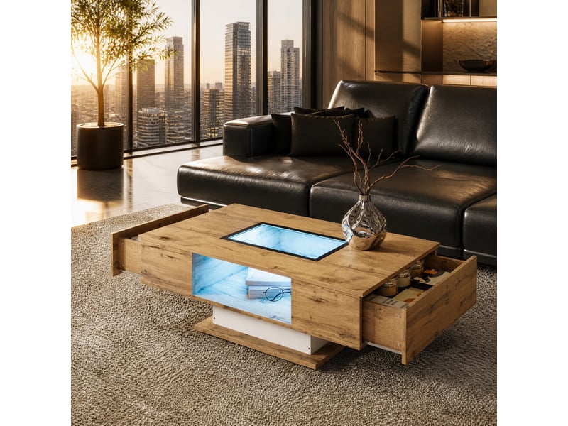 Table basse avec 2 tiroirs et niche led pour salon en panneaux de particules 110,2×60×39,7 cm blanc et bois naturel - Conforama B