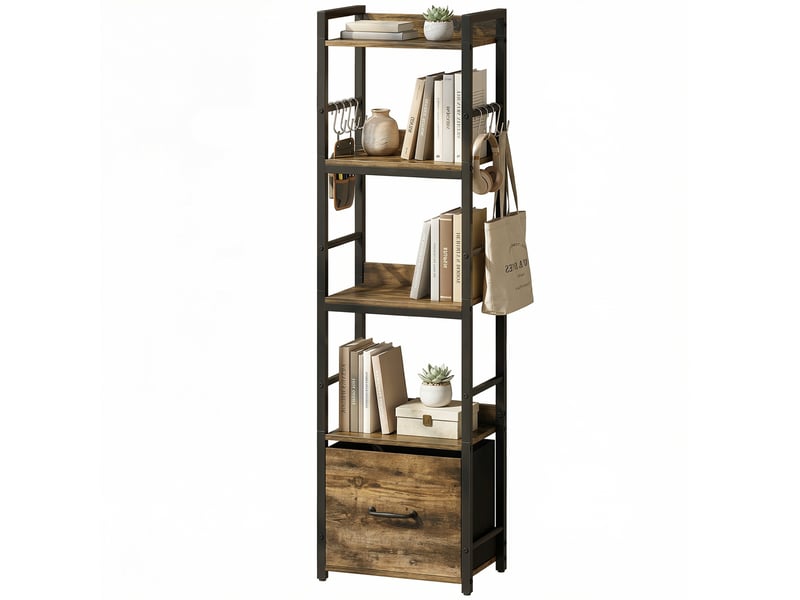  Bibliothèque à 4 niveaux, étagère de rangement étroite avec tiroir, 8 crochets, , 39 x 26 x 136,5 cm, brun rustique  - Conforama B