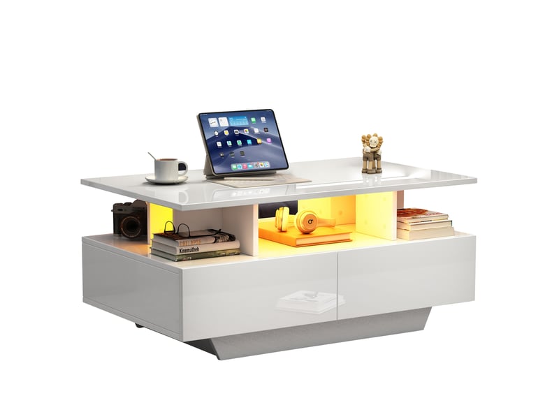  Table basse 90x55x41 cm rectangulaire, stockage creux, rangements ouverts, 2 tiroirs, led, table de salon, pb, blanc  - Conforama A