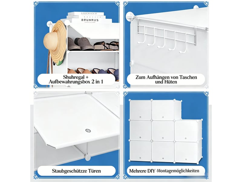 Meuble à chaussures modulable 32 paires avec 8 compartiments - lpospi - crochets latéraux, pp métal abs blanc - Conforama E