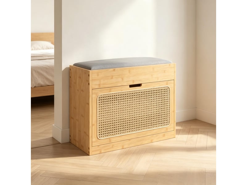  Banc de rangement à chaussures avec assise rembourrée - lpospi - étagères réglables, porte en rotin, bambou naturel  - Conforama B