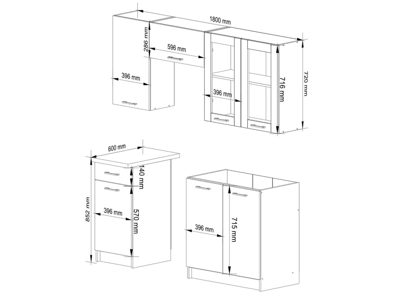 Ensemble de cuisine vitré akord oliwia 1.8m h720 blanc 180 cm 7 portes 1 tiroir façade blanche 8 étagères 180x46x203 cm Oliwia 1.8M H720 - Conforama C