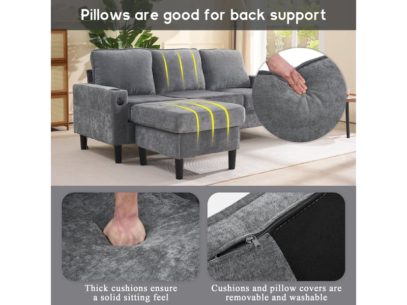  Canapé 3 places gris, canapé d'angle en lin avec ports usb et type-c, pouf modulable et porte-gobelets pour salon et appartement  - Conforama D