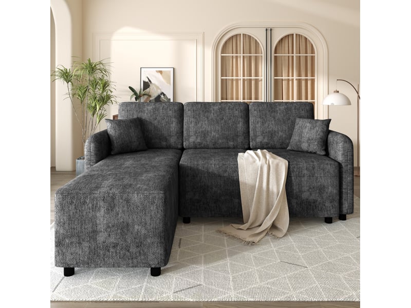 Canapé d'angle 3 places avec méridienne longue, assise en mousse haute densité et 2 coussins en chenille noir  - Conforama D