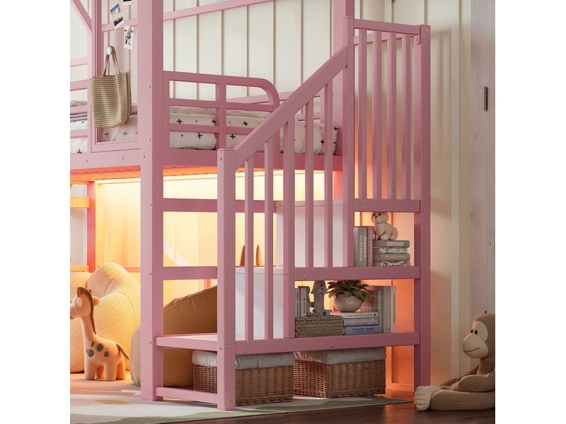 Lit mezzanine enfant 90 x 200 cm rose en métal et mdf, avec toboggan, escalier de rangement et led bluetooth - Conforama E