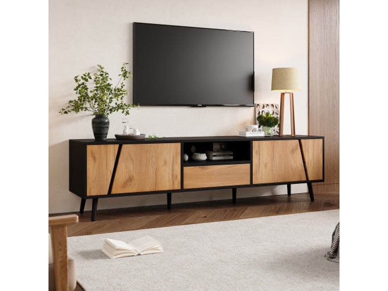 Meuble tv bas 180x40x46 cm – console bois massif moderne, tiroirs, 2 placards, 6 pieds, pour tv jusqu’à 75 pouces - Conforama B