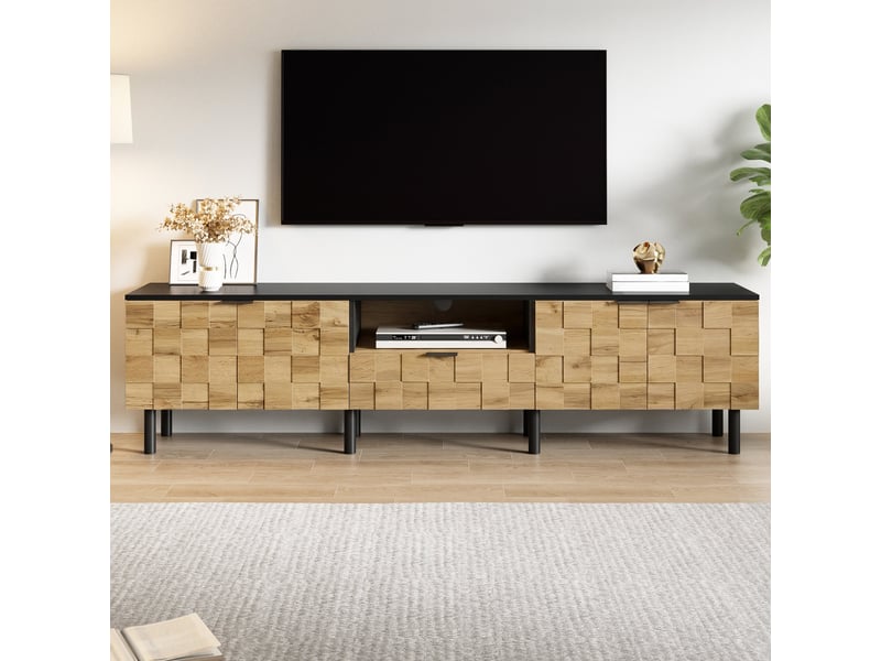  Meuble tv 170x35x44,5 cm, 2 portes, 1 tiroir, passe-câbles, façades texturées, pieds métal, grand rangement pour salon - naturel  - Conforama D