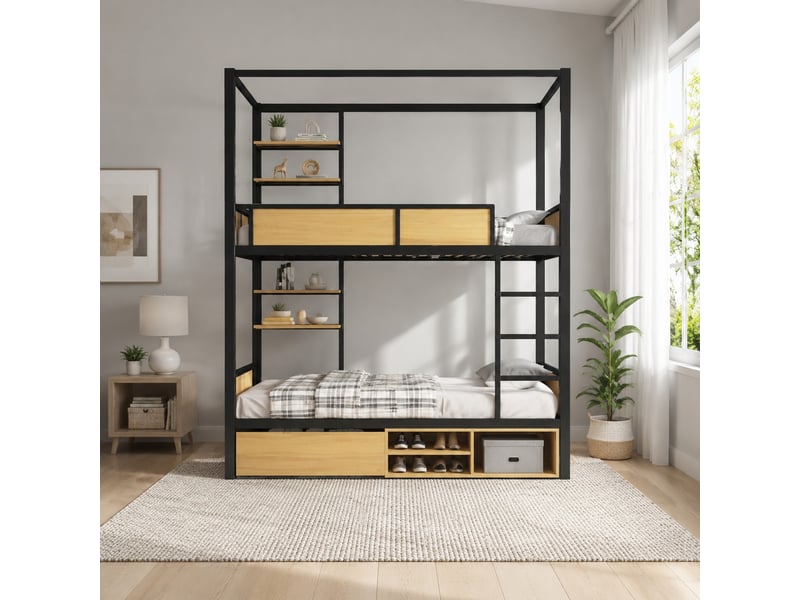  Lit superposé enfant 90x200 cm – noir et naturel – rangements bas avec tiroir sur roulettes – sans matelas  - Conforama B