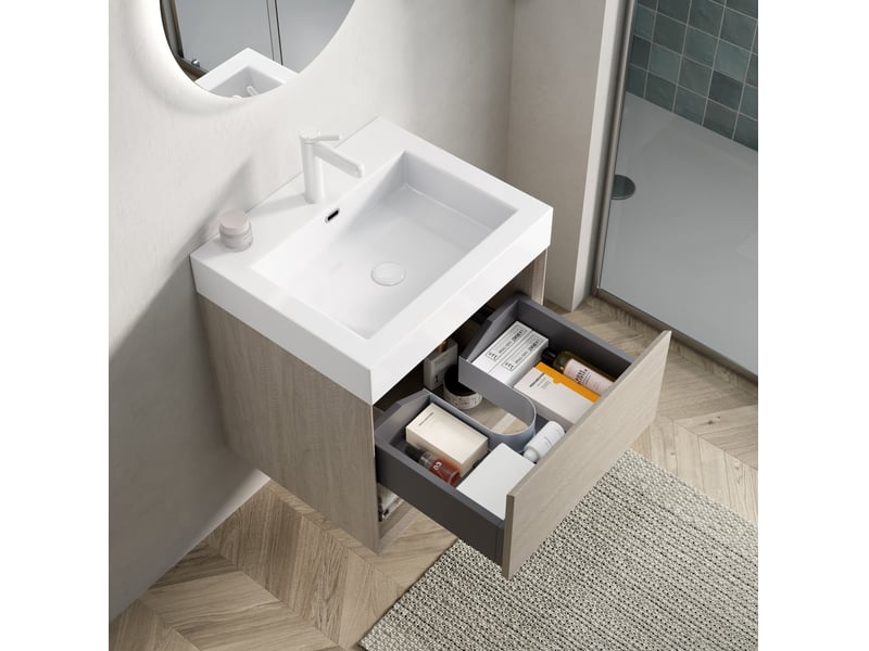 Meuble sous vasque suspendu avec 1 tiroir, étagère ouverte et fermeture douce pour salle de bain 55 × 46 × 60 cm - Conforama E