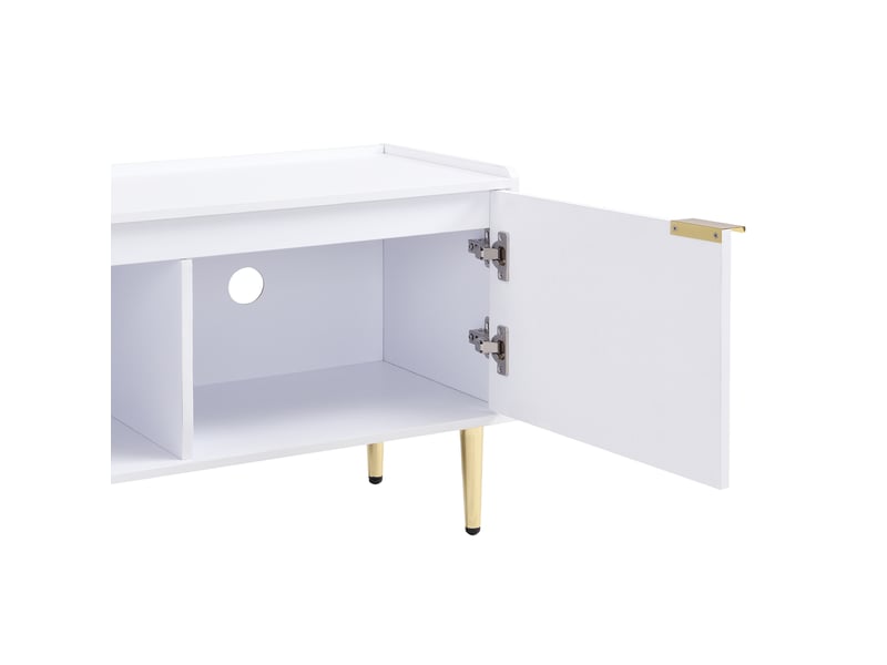  Meuble tv bas 170x35x47,5 cm, design sculptural, poignées et pieds dorés, rangements modulables, structure mdf, blanc  - Conforama E