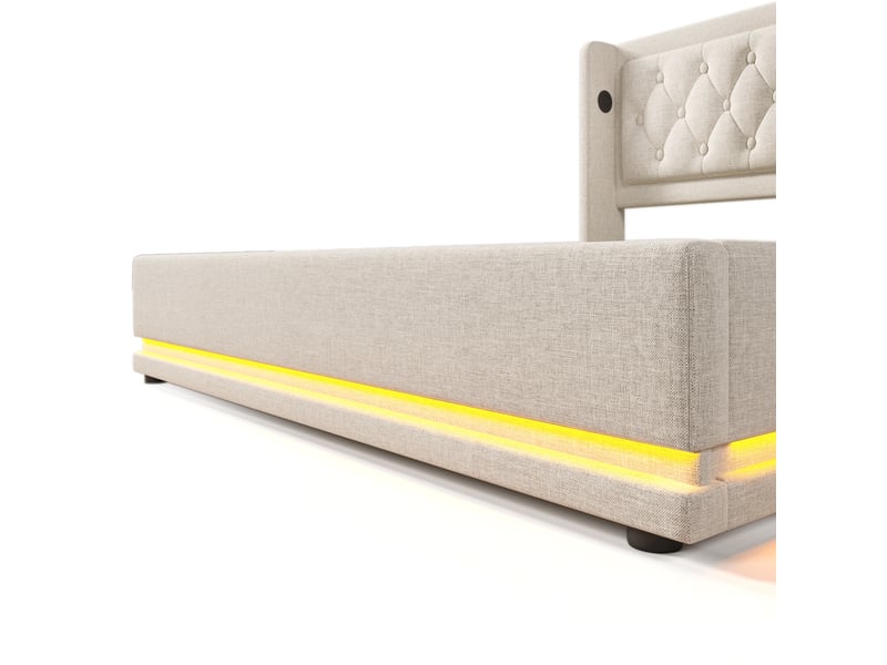  Lit coffre 140 × 200 cm 2 places avec tête de lit capitonnée, led, usb et type-c, matelas inclus, coton beige  - Conforama E