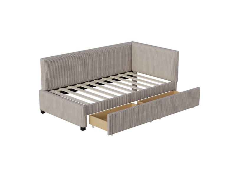  Lit banquette 90x200 cm en velours gris, 2 grands tiroirs de rangement et sommier à lattes  - Conforama E