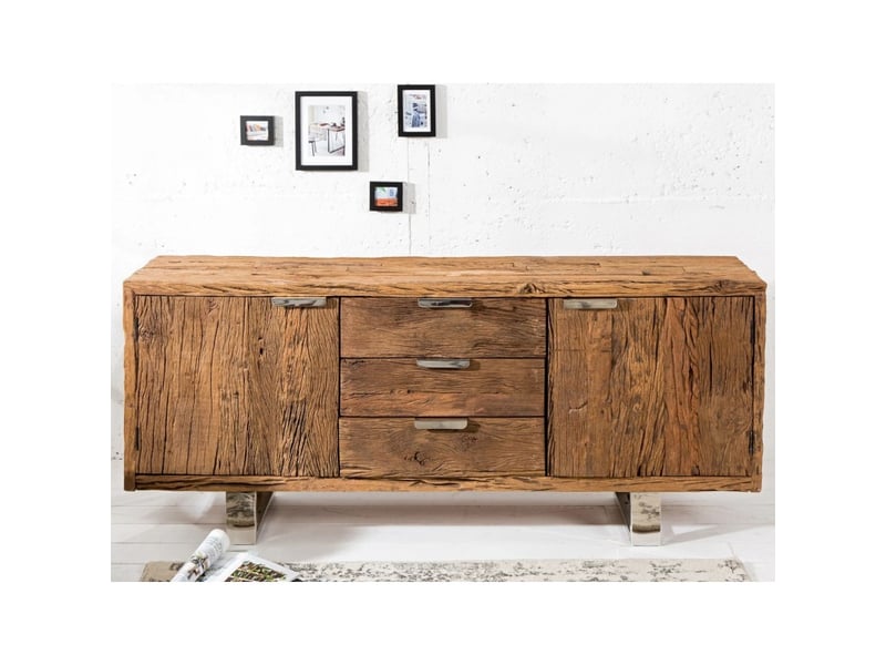 Buffet rafta 160 cm en bois massif de teck – 2 portes, 3 tiroirs et pieds en acier argenté - Conforama D