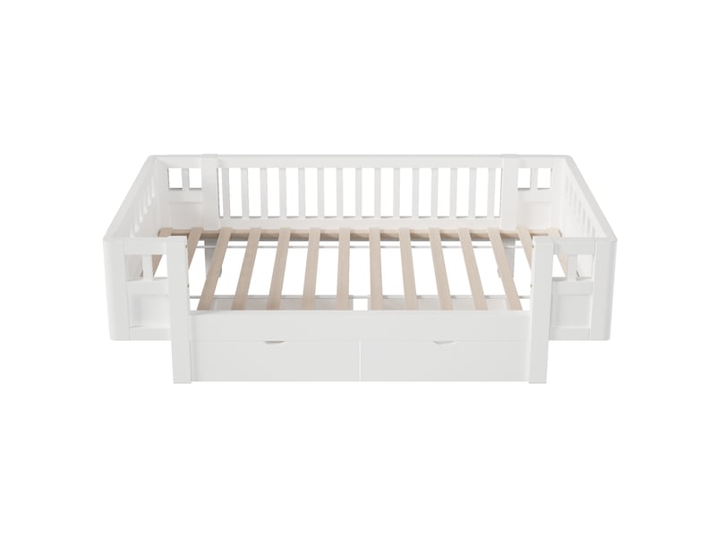  Lit enfant avec rangement 90 × 200 cm, barrières et 2 tiroirs, blanc  - Conforama E