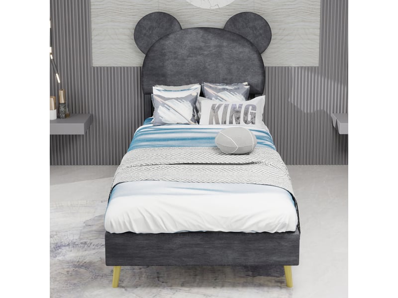  Lit enfant 90x200 cm avec tête dessin animé, tissu et métal, gris, sans matelas  - Conforama W