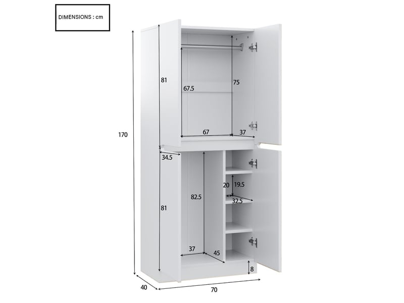  Armoire penderie 2 portes avec compartiments de rangement 70 x 40 x 170 cm LDB00428AAK - Conforama C