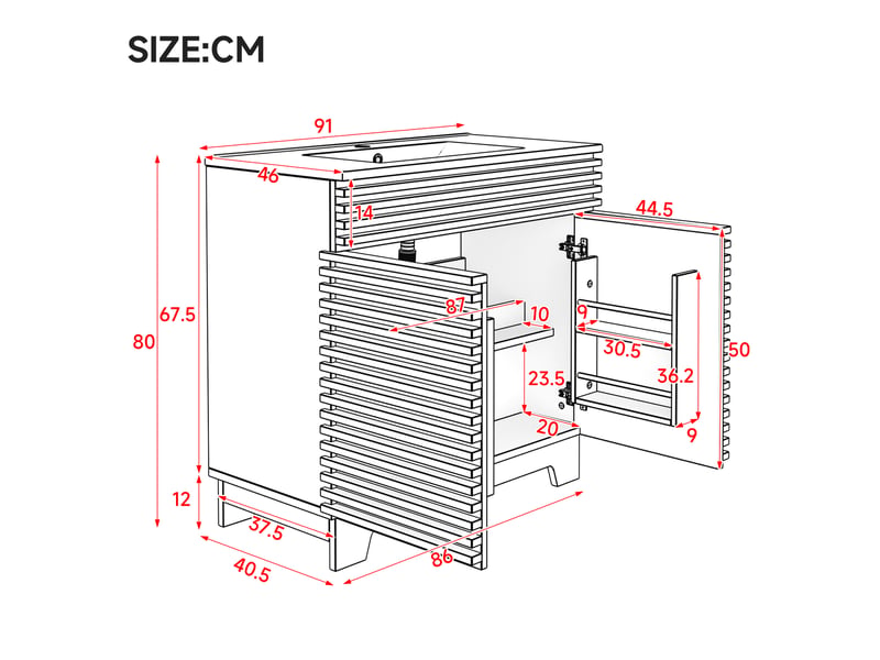  Meuble vasque de salle de bain 91x46x80cm en céramique et mdf avec rangement naturel chicfurn  - Conforama C