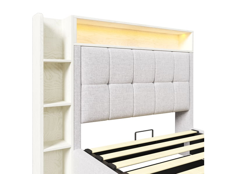  Lit coffre 90x200cm rangements ports usb-c intégrés, bande led, style minimaliste moderne, lin mdf, beige, sans matelas  - Conforama E