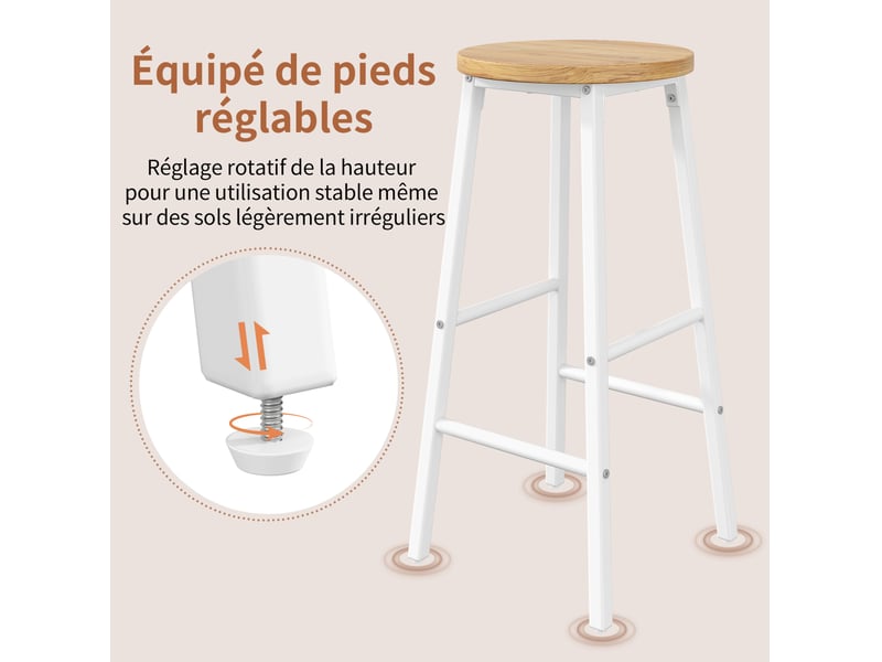  Tabourets de bar lot de 2 avec repose-pieds réglables et pieds ajustables, en mdf et métal blanc  - Conforama E