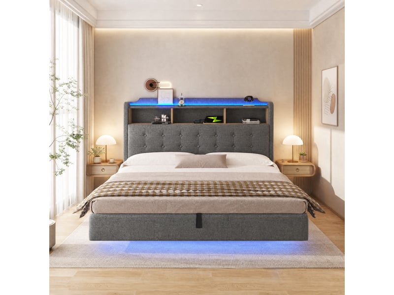 Lit coffre 180 × 200 cm 2 places avec led, usb-c, usb et rangement hydraulique, sans matelas, en lin gris - Conforama C