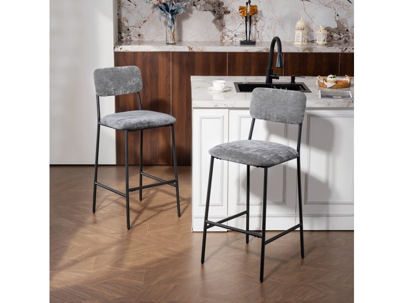 Tabourets de bar lot de 2 avec dossier, repose-pieds et patins réglables en tissu chenille et acier gris - Conforama B
