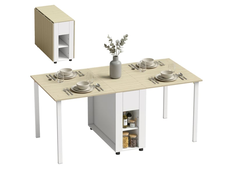  Table à manger pliante pour 6 personnes 39-168 cm, table de cuisine avec 2 tiroirs et 4 étagères ouvertes, blanc  - Conforama A