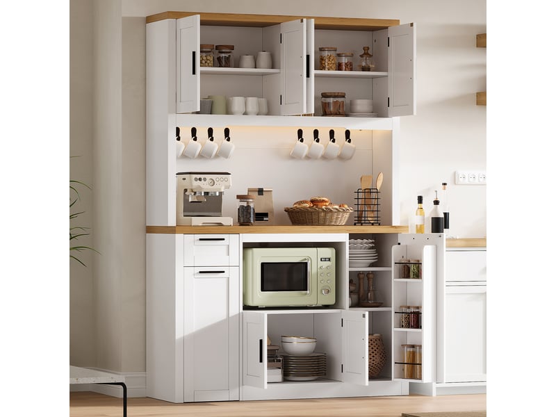  Armoire de cuisine haute avec éclairage led et prises, rangement avec tiroirs 3 niveaux et étagères réglables  - Conforama B