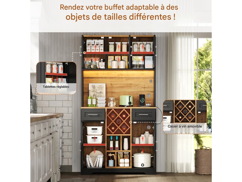  Meuble de cuisine haut avec led et range-bouteilles mdf noir et naturel 105x40x180 cm N635P4818313233S - Conforama E