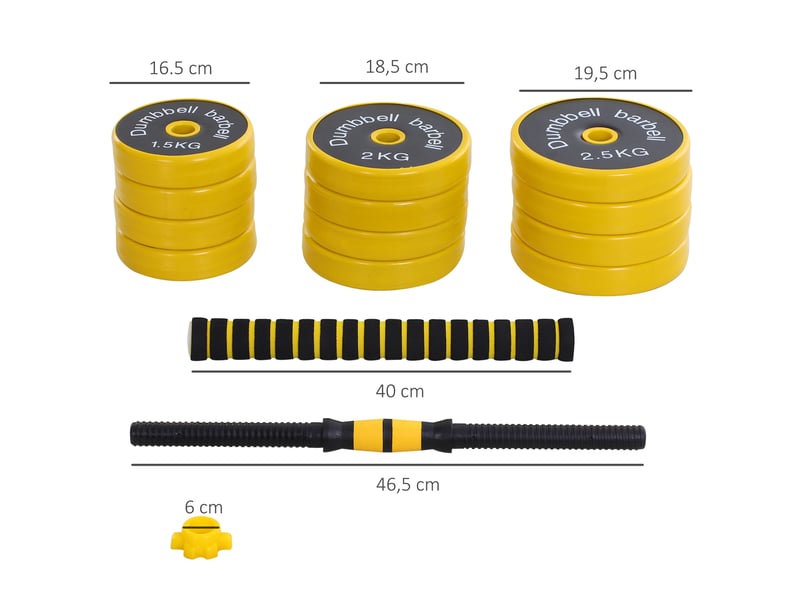  Haltères et barre de 25 kg, kit d'haltères ergonomique 3 en 1 réglable, 12 disques, 2 barres courtes, 1 barre longue, jaune et noir  - Conforama E