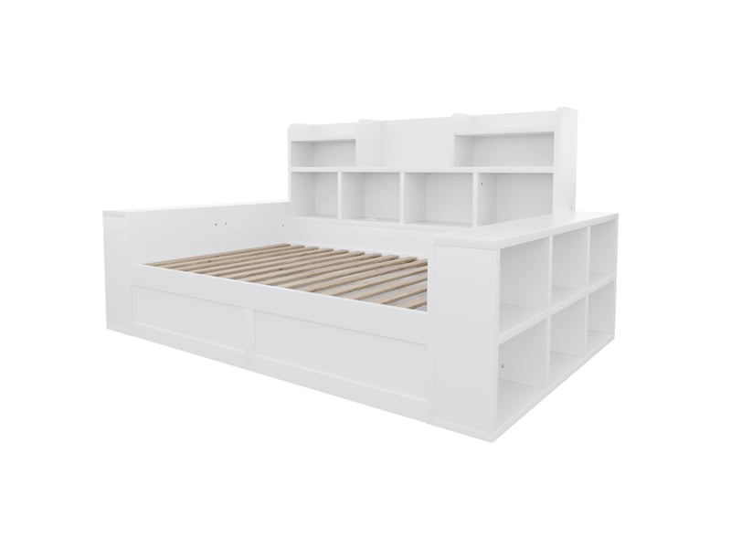  Lit banquette 90x200 cm – blanc – coffre hydraulique, led, prises et étagères intégrées – sans matelas  - Conforama D