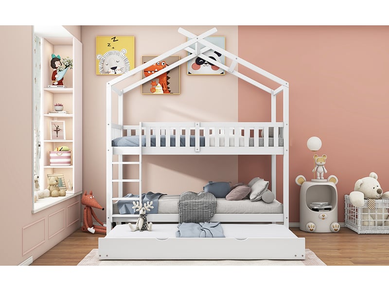  Lit cabane enfant 90x200 en bois massif avec lit gigogne 3 places - blanc  - Conforama D